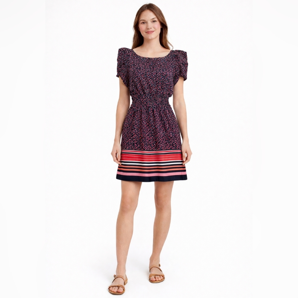 AMERICAN RAG Navy Dot Mini Dress | Striped Hem | Ruffle Sleeve | XS